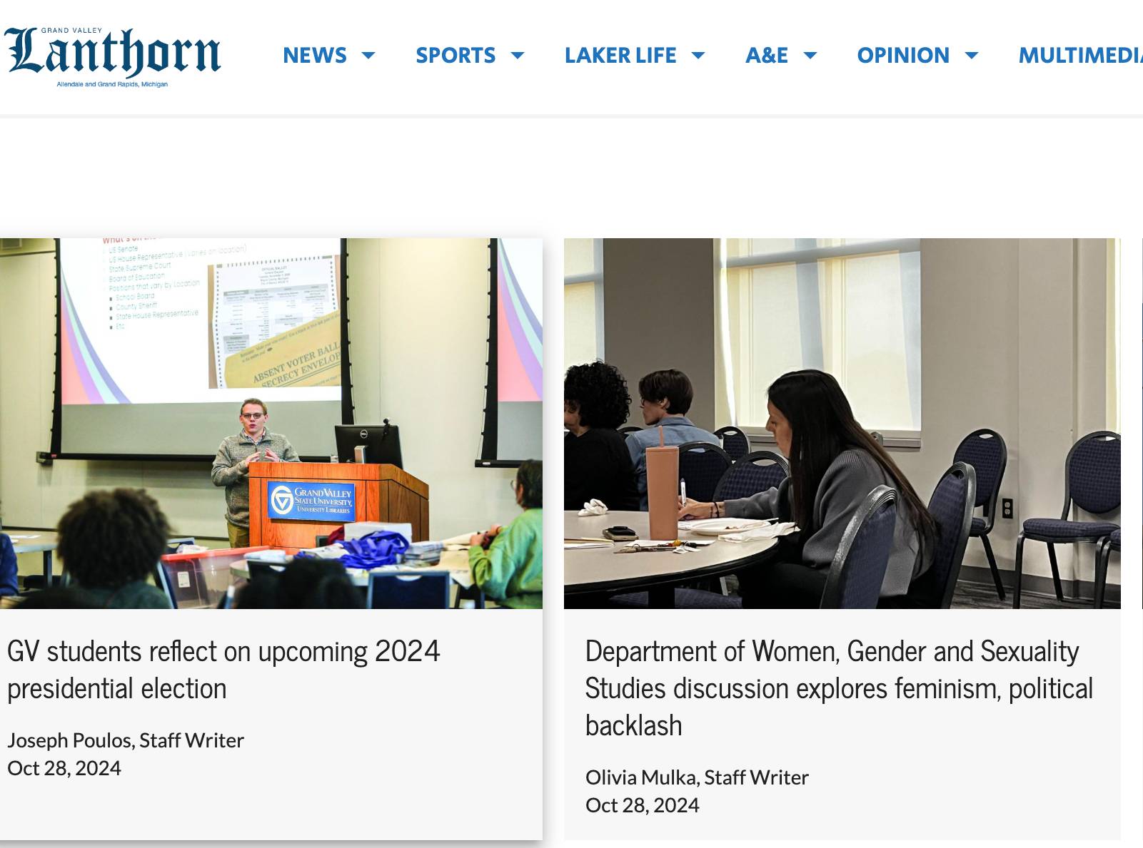 the Lanthorn website news page reporting on two events: students reflect on upcoming elections and department of Women, Gender, sexuality studies explores feminism, political backlash